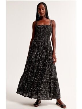 Abercrombie & Fitch Retro Polka Dot Smocked Tiered A-Line Maxi Dress Black LP